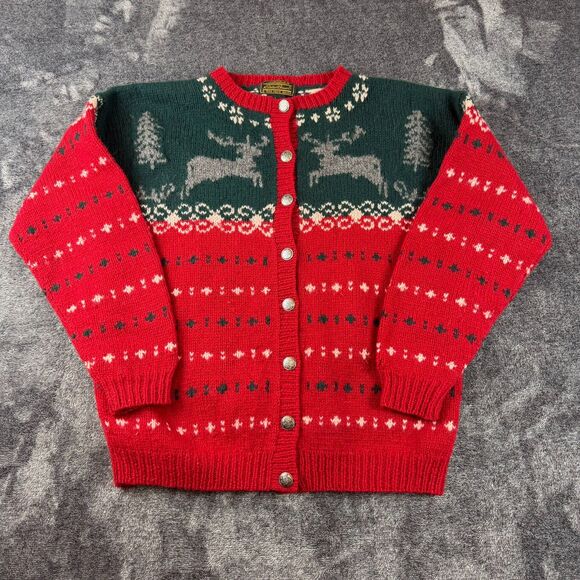 Eddie Bauer Sweaters - Vtg Eddie Bauer Holiday Deer Wool Cardigan Sweater Green Red Fair Isle L*